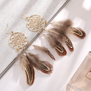 Boho Gold Dream Catcher Natural Brown Feather Earrings